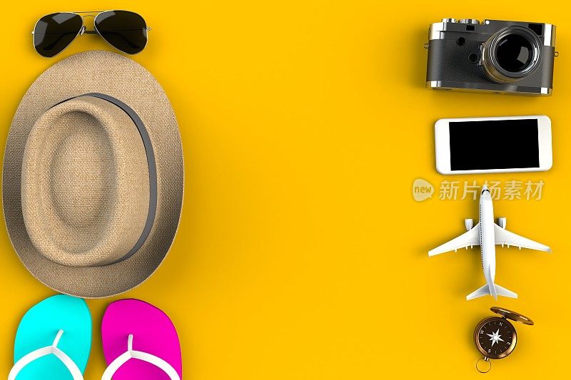 Top view of Traveler’s accessories on yellow table background, Essential vacation items, Travel concept, 3D渲染